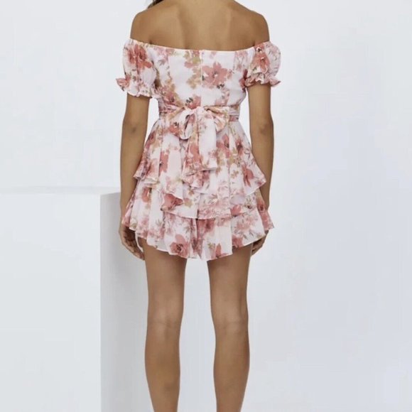 Women Bohemian Romper Large L Pink-Floral Off The Shoulder Lined Ruffle Layered - Picture 4 of 13